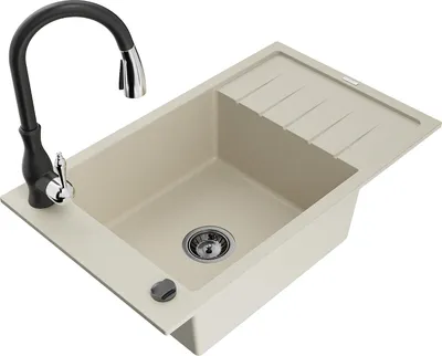Produktbild von Mexen Elias Granitspüle 1-Becken mit Abtropffläche und Küchenarmatur Savita, beige - 6511-69-672601-70