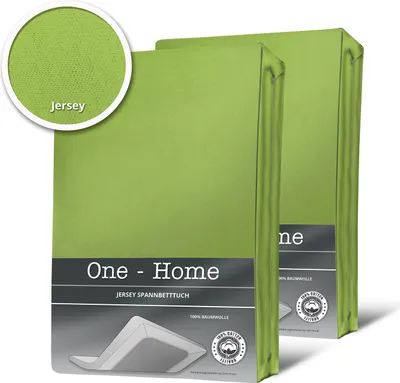 Two green bed sheets are shown in packaging, with a close-up of the fabric texture and text indicating 'Jersey'.