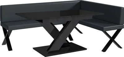 Produktbild von MEBLINI Eckbank für Esszimmer mit ausziehbarem Tisch - Küchenbank - Essecke - Sitzecke Küche - TONI - X-Beine 142x196x87cm Rechts - Dunkelgrau Kunstleder/B Schwarz Hochgl.