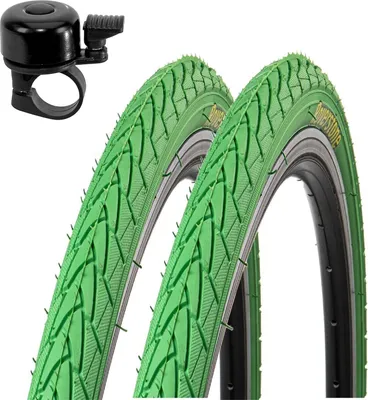 Zdjęcie produktu dla 2 x opony rowerowe Roverstone z drutem, zielone, 28 x 1,4  (37-622)  wraz z dzwonkiem rowerowym