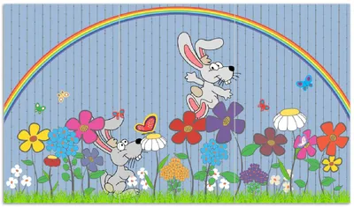 Produktbild von Wallario Herdabdeckplatte aus Glas, Größe 90 x 52 cm 3-teilig, Motiv Süße Hasen unter einem Regenbogen