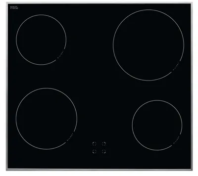 A top-down view of a black glass ceramic hob with four heating zones and touch controls.