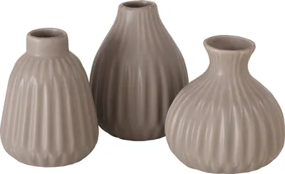 Produktbild von Deko Vase im 3er Set aus Keramik Mattes Design mit Rillen Höhe 12 cm Blumenvase Tischdekoration -   Grau