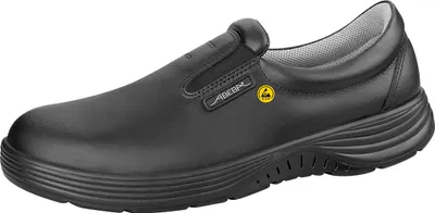 A black Abeba ESD-Berufsschuhe x-light O2 Slipper shoe is shown against a white background.