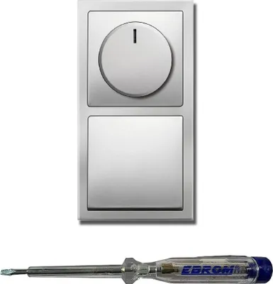 Produktbild von Busch Jäger 6523U-102 LED Drehdimmer Dimmer + Dimmerscheibe 6540-866-102 und Lichtschalter 2000/6 US und 1786-866 in PUR EDELSTAHL inklusive EBROM Phasenprüfer zur Montage der Geräte (6523 U – 102)