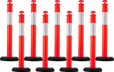 Obrázok produktu pre SucceBuy výstražné stĺpiky 9 ks (114 cm) s vyplniteľným podstavcom a reflexnými pásmi, výstražné stĺpiky na staveniská, parkoviská a zábrany na kontrolu davu, červené