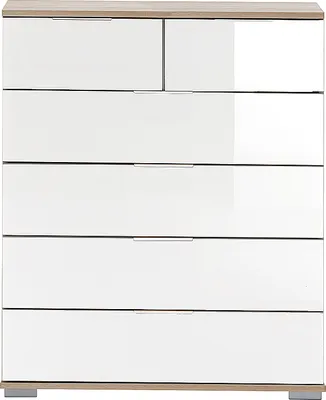 Produktbild von Schlafzimmer Schubkastenkommode in Eiche sägerau Nb. mit weißem Glas ELSTRA-43, B/H/T ca. 82/102/42 cm