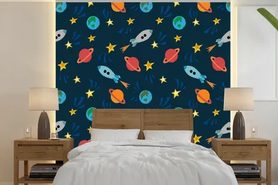 Produktbild von MuchoWow® Fototapete für Wohnzimmer oder Schlafzimmer Wandtapete Vinyl Motivtapete Muster - Erde - Weltraum - Rakete - Jungen - Kinder - Kinder - 240x240 cm - Schlafzimmer-Tapete