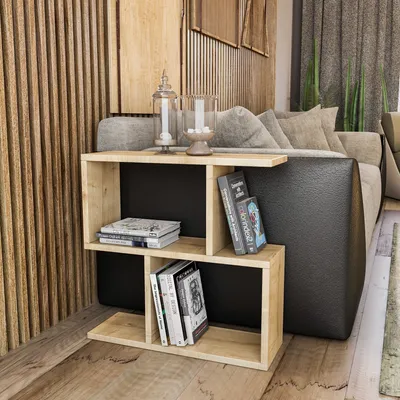 A modern living room setting with a wooden side table next to a sofa.