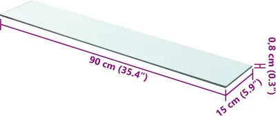 A transparent glass shelf with dimensions indicated.