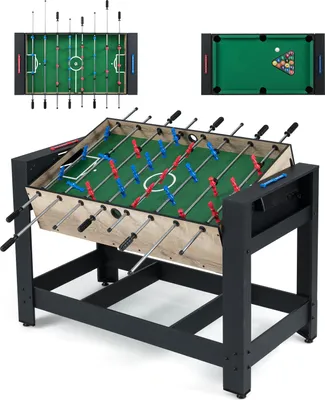 A multi-game table featuring foosball and billiards, with smaller inset images of each game.