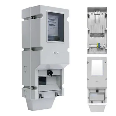 A white electrical meter housing unit is shown against a white background. The unit is displayed from multiple angles, with one main frontal view and two smaller views showing the interior and back.