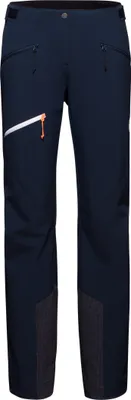 Dunkelblaue Softshellhose für Damen von Mammut mit zwei Reißverschlusstaschen und reflektierenden Elementen.