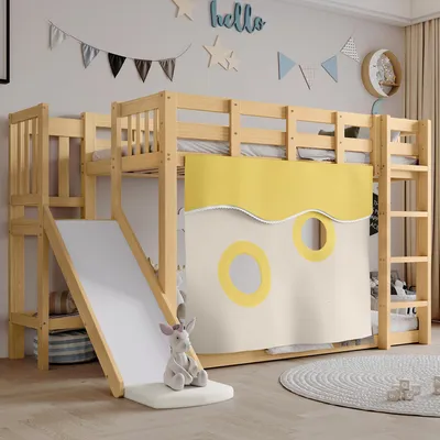 A child's loft bed with a slide and a tent-like curtain.