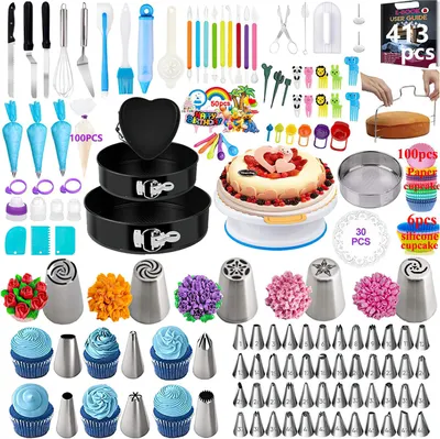 Produktbild von Spritzbeutel 413-teiliges Torten Dekorationsset Kuchen Dekorieren Zubehör Backset mit Springform KuchenformenTortenplatte Drehbar