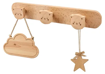 Holz-Garderobenhaken, selbstklebend, 3 Haken, Katzen-Design