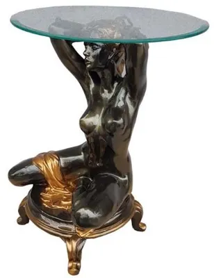 Produktbild von Casa Padrino Jugendstil Beistelltisch kniende Frau Schwarz / Gold Ø 45 x H. 63,5 cm - Eleganter Tisch mit runder Glasplatte - Wohnzimmer Möbel