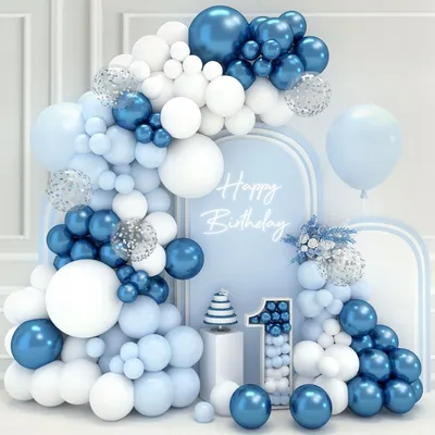 Produktbild von Ballonbogen Set, 102 Stück, Metallic Blau, Weiß, Hellblau, 18, 12, 10, 5 Zoll, für Geburtstagsfeiern