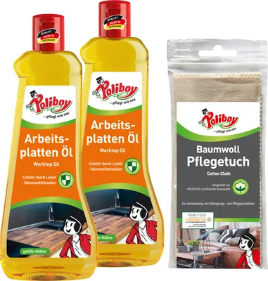 Produktbild von Poliboy 2er Arbeitsplatten Öl mit Baumwolltuch - für unbehandelte und geölte Hölzer - schützt vor Wasser und Schmutz - 2x500ml - 99A0701