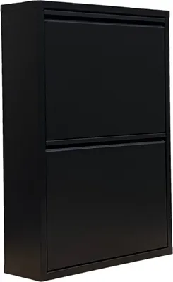 A black shoe cabinet with two doors.