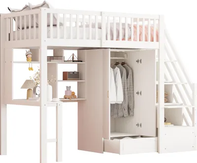 Produktbild von Hochbett mit Lattenrost, Rausfallschutz, Schreibtisch, Kleiderschrank und Regal, 90x200 cm, Jugendbett, Kinderbett