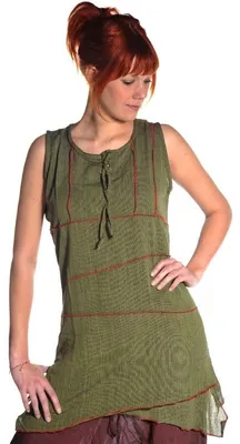 Imagen del producto de Ethno, camisa tipo túnica de manga larga, blusa larga de algodón "Obliq", color verde, talla S/M