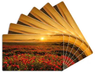 Produktbild von Wallario Frühstücksbrettchen 6er Set aus Glas, je 14 x 23 cm, mit rutschfesten Füßen, Motiv Mohnblumenwiese bei Sonnenuntergang am Abend