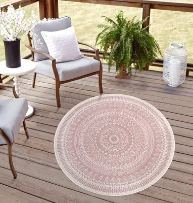 Produktbild von Rikmani Outdoor Teppich rund Wetterfest für Terrasse, Balkon, modernes Design, ideal für Küche und Esszimmer, robuster Teppich