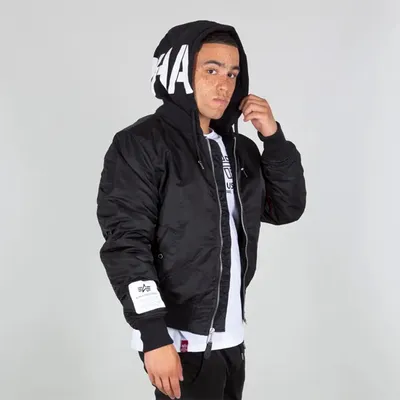 Zdjęcie produktu dla ALPHA INDUSTRIES MA-1 ZHP Męska kurtka bomberka z kapturem, Rozmiar:M, Alpha Industries Kolory:Czarny