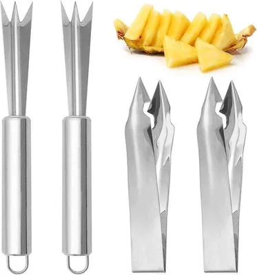 Produktbild von 4-teiliger Ananas-Ogenschneider für das Entfernen von Ananas-Ogeln, Stahl-Ananas-Ogenschlitten und V-förmiger Ananas-Ogenschneider für den Haushalt, Küche, Früchtladen, Supermarkt, Silber, 12 cm, 20 cm