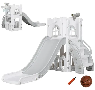Produktbild von Kinderrutsche, 5 in 1, Kleinkinderrutsche mit Basketballkorb, Teleskop Klettergerüst Grau 70 x 177 x 92 cm