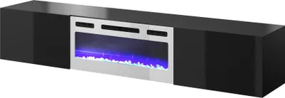 Produktbild von Fernsehschrank SLIDE EF 200x37x40 cm Tv-Schrank mit elektrichem Kamin Heizfunktion Lowboard 2 Klappen Hängende Schwarz Hochglanz/Weiß Kamin