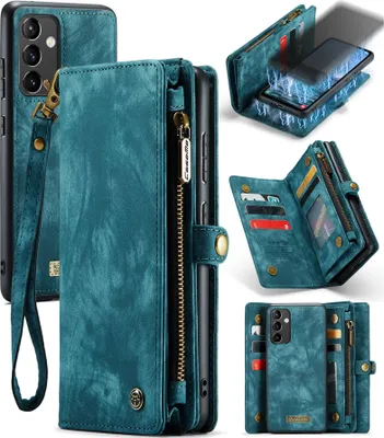 Produktbild von Schutzhülle für Samsung Galaxy A54, Vintage Multifunktions Lederhülle, Kartenfächer, Reißverschluss Hülle Blau
