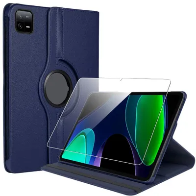 Image de Coque + Verre Trempé pour Xiaomi Pad 6 / 6 Pro, Rotatif 360° Multi-Angle Effet Cuir Bleu Marine