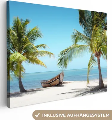 Obrázek produktu pro OneMillionCanvasses® - Obraz na plátně - Palm - Boat - Beach, nástěnná malba, nástěnné dekorace obrazy obývací pokoj, 80x60cm