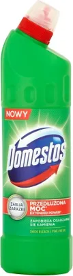 A green bottle of Domestos cleaning product with a red cap.