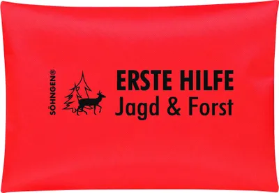 A red first aid kit bag with black text and graphics.
