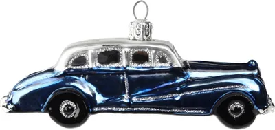 A glass ornament shaped like a vintage limousine.
