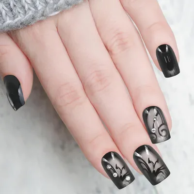 Produktbild von Künstliche Fingernägel zum Aufkleben, kurze quadratische Nägel mit Diamanten, 24 Stück, schwarz
