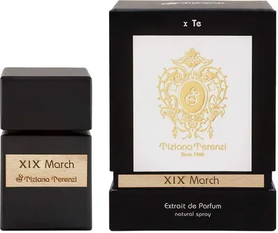A perfume bottle and its packaging are displayed against a white background.