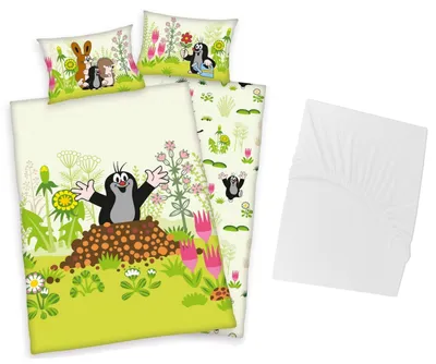 Produktbild von 3 tlg Baby Bettwäsche Set - Der Kleine Maulwurf - Renforcé - 40x60 100x135 cm + 1 Spannbettlaken weiß 60x120 - 70x140 cm