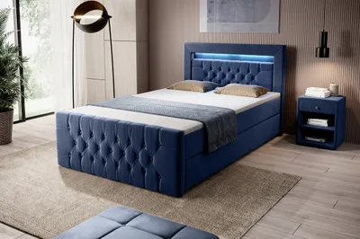Produktbild von Moebelfest Boxspringbett 120x200 cm mit Blau LED-Beleuchtung: Polsterbett mit Bettkasten, Taschenfederkernmatratzen 7 Zonen, Topper sowie Kopf- und Fußteil (Liverpool in Blau)