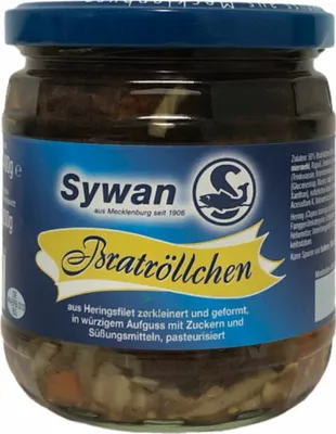 Produktbild von Sywan Bratröllchen aus Heringsfilets in würziger Marianade (400g Glas) + usy Block