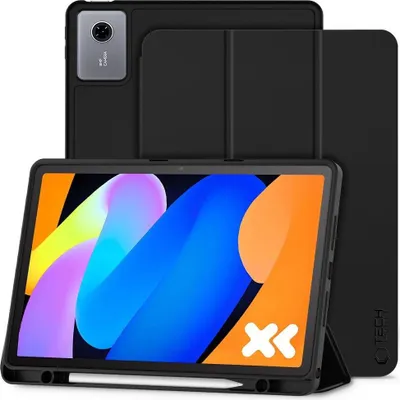 A black tablet case with a tablet inside, displayed on a white background.