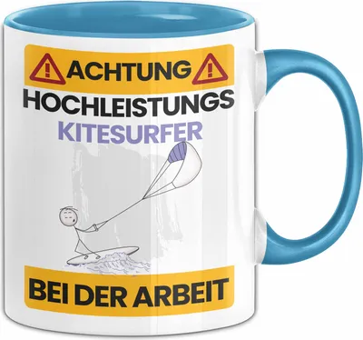 Produktbild von Kitesurfer Tasse Geschenk Lustiger Spruch Geschenkidee für Kitesurfer Achtung Hochleistungs Kitesurfer Bei Der Arbeit (Blau)