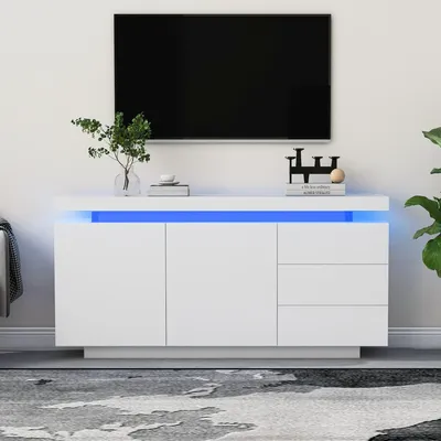 Immagine prodotto di Mobile contenitore da 140x35x72,5 cm con 2 ante e 3 cassetti, mobile contenitore bianco lucido con illuminazione RGB a LED e controllo tramite app, realizzato in pannello di particelle di legno