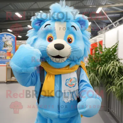 Produktbild von Himmelblauer REDBROKOLY Löwe Maskottchen Kostüm charakter bekleidet mit Latzhose und Schal-Clips