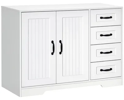 Zdjęcie produktu dla Komoda – szafka do przechowywania – 4 szuflady – 2 drzwiczki – regulowana półka – drewno – 105 x 40 x 76 cm – biały