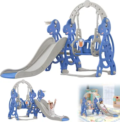 Produktbild von LARS360 175x140x115cm Detská šmýkačka 4 v 1 Detské hracie súpravy s basketbalovým košom a hojdacím kreslom Detská šmýkačka Záhradná šmýkačka pre batoľatá Vnútorné a vonkajšie