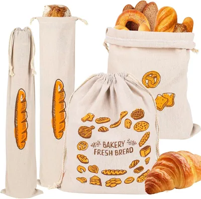 Produktbild von Set von 4 Wiederverwendbaren Leinen Brotsäcken, 37 x 30 cm & 61 x 16 cm, für Brot und Baguettes